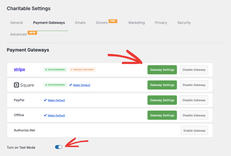 Enable Stripe and test mode