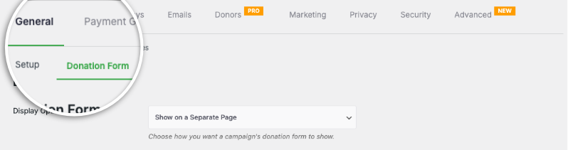 Find donation form settings page