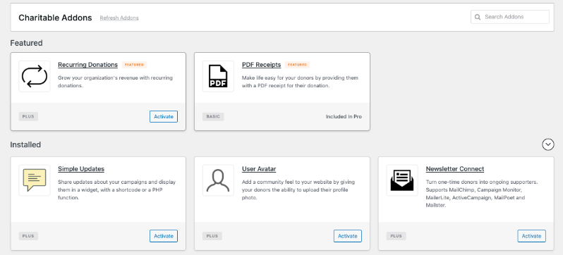 New Charitable addon view | Charitable New Charitable addon view