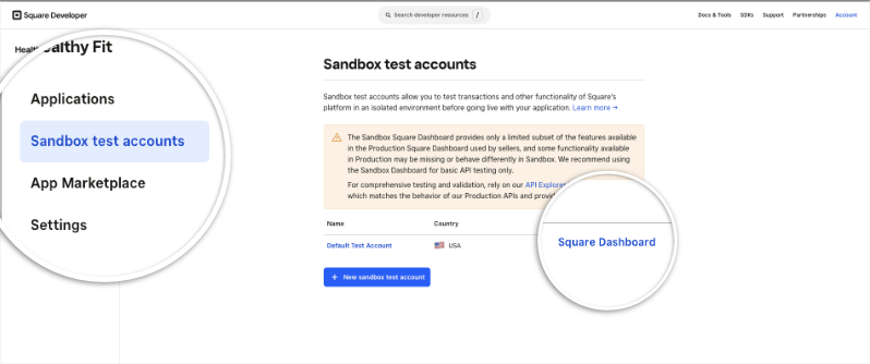 Sandbox test tab with Square dashboard link | Charitable Sandbox test tab with Square dashboard link