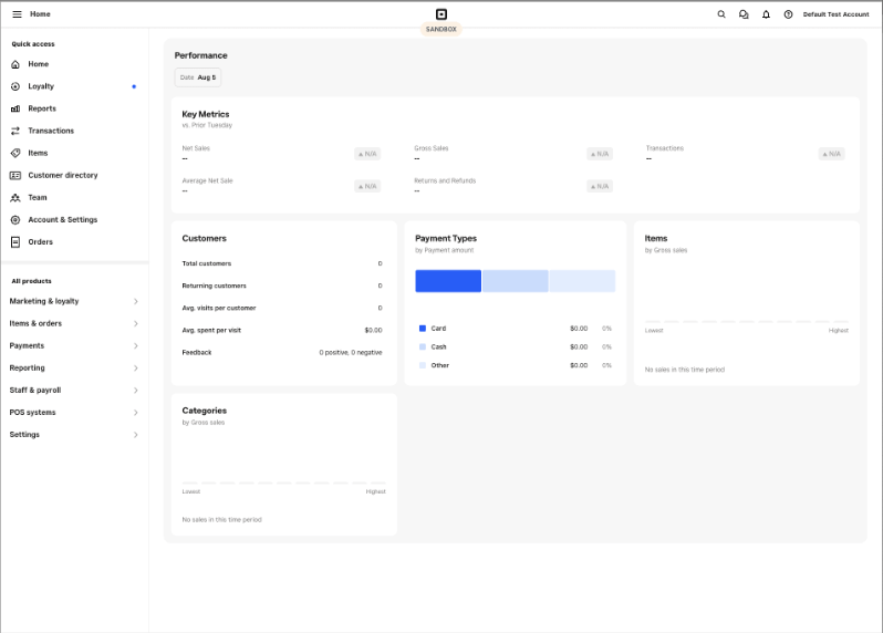 Square sandbox dashboard | Charitable Square sandbox dashboard