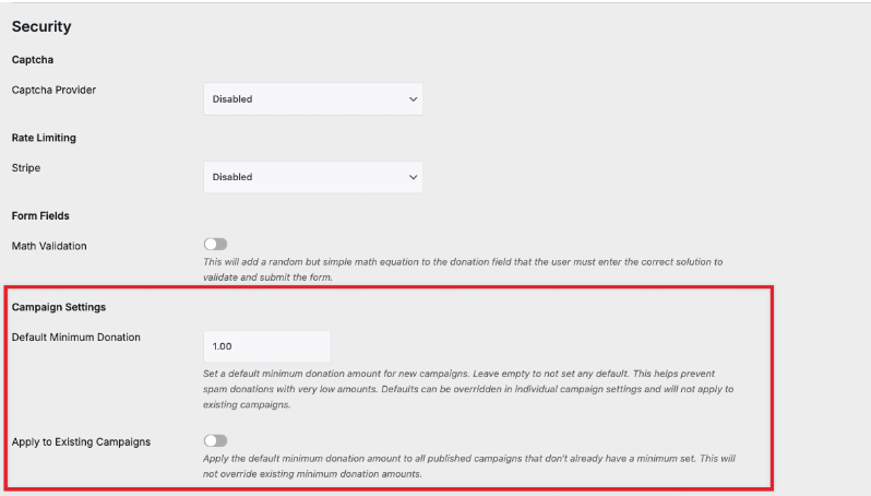 Campaign settings global minimum amount | Charitable campaign settings global minimum amount