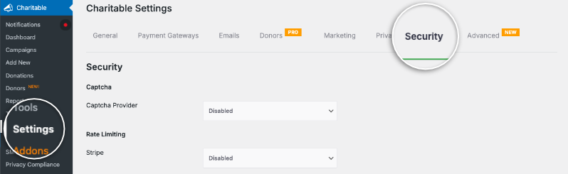 Charitable security settings