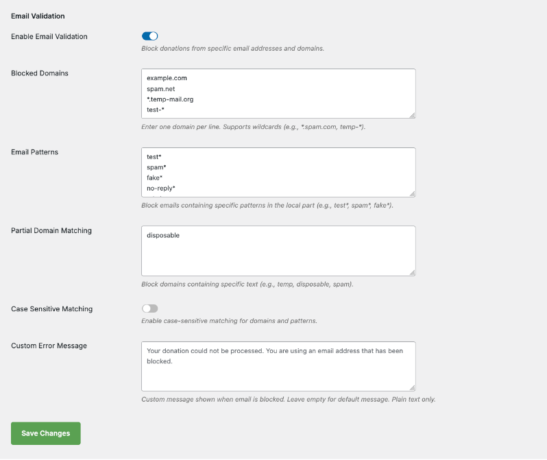 email validation settings | Charitable email validation settings