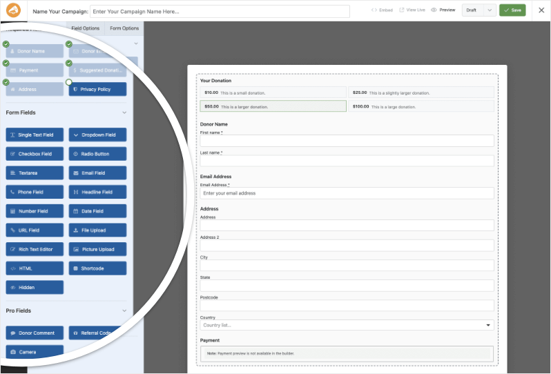 donation form fields