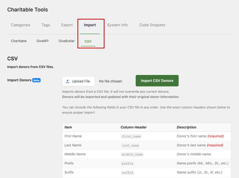 Charitable import any csv