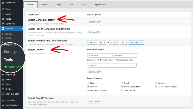 export in GiveWP | Charitable export in GiveWP