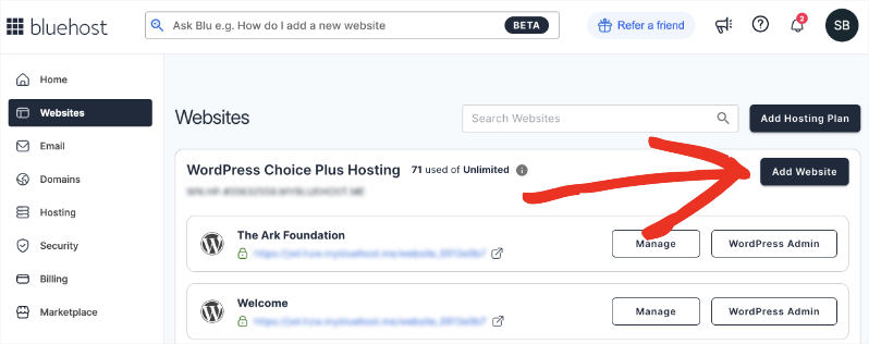 Add website in Bluehost