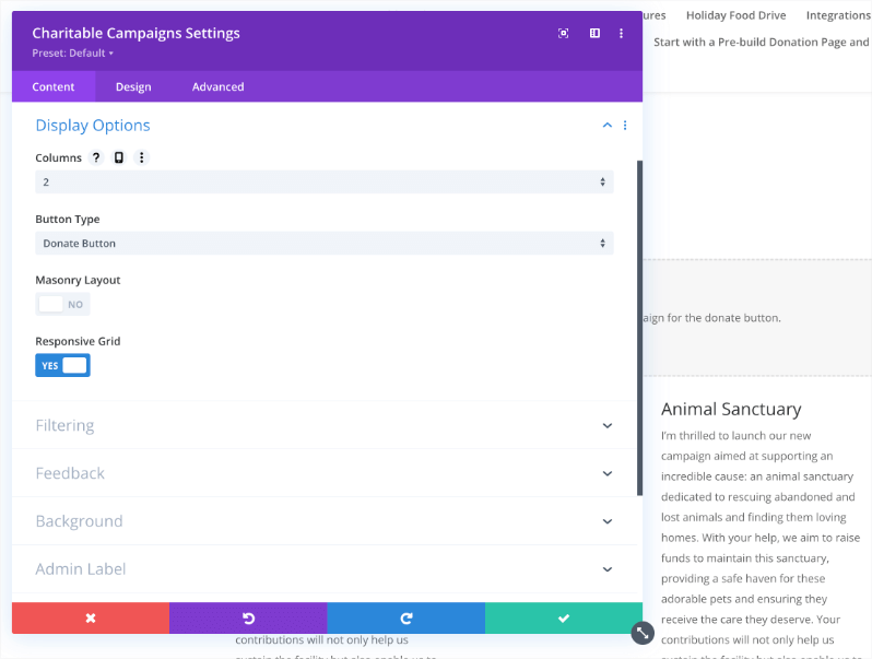 Campaigns divi content display options | Charitable Campaigns divi content display options