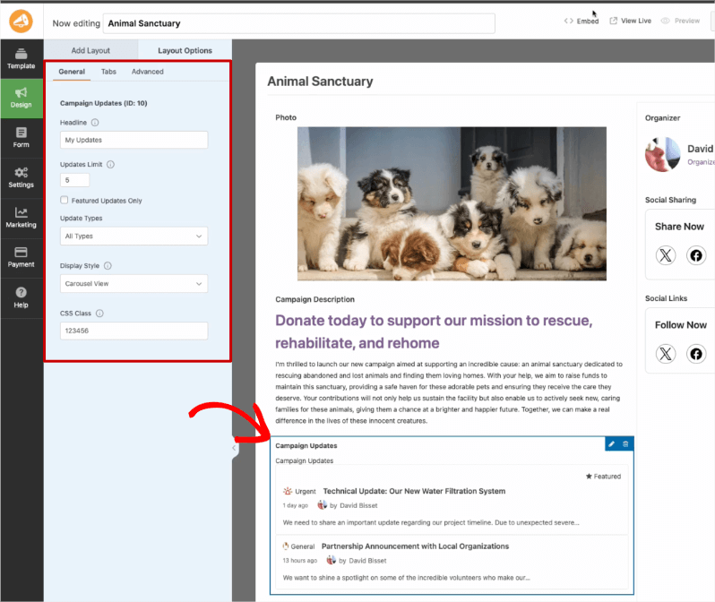 Campaign updates block in charitable builder