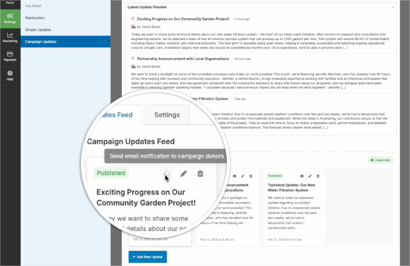 Campaign updates options to email edit delete