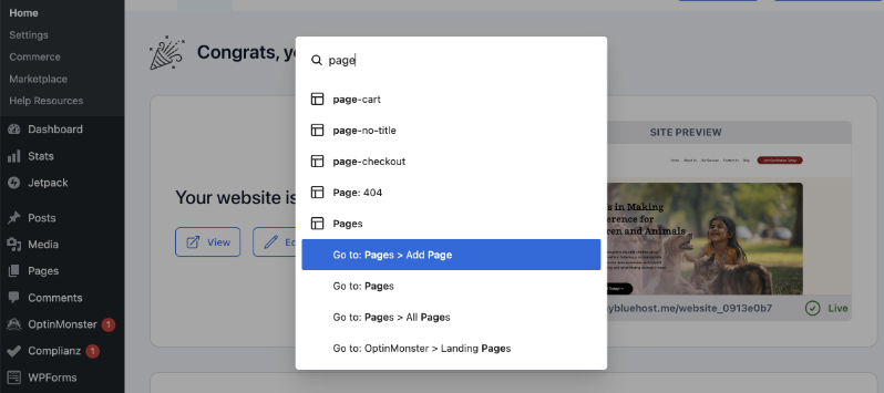 Command palette in WordPress