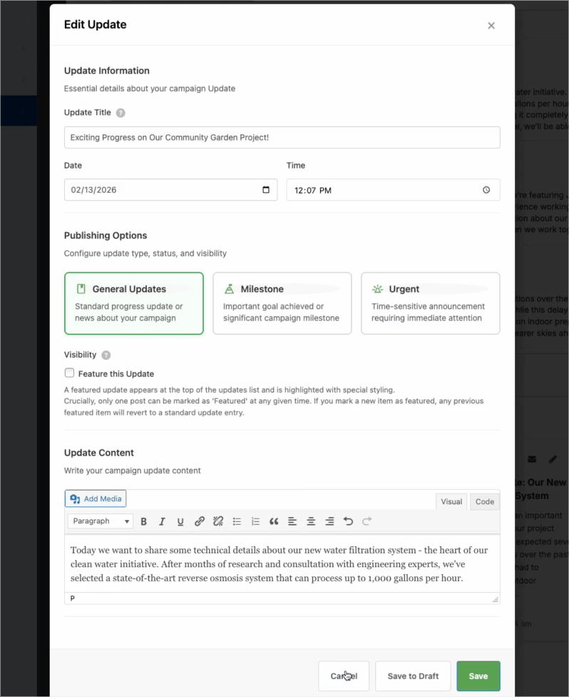 Edit campaign update page