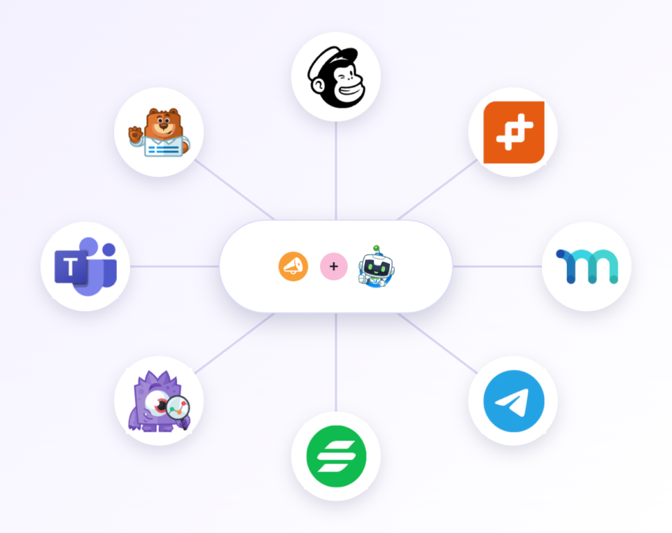 Diagram of a central rounded hub connected by lines to eight circular service icons around it, illustrating an integration network.