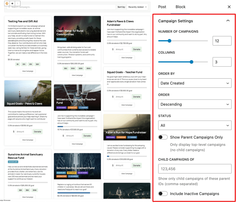 Block settings in campaign showcase