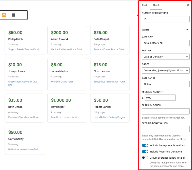 Block Settings of Donation Feed