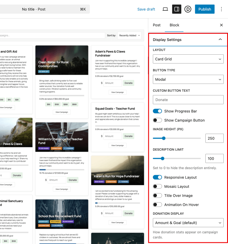 Display settings in campaign showcase