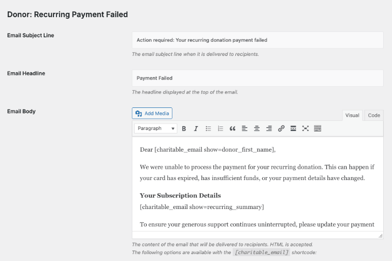 Recurring payment failed email | Charitable Recurring payment failed email