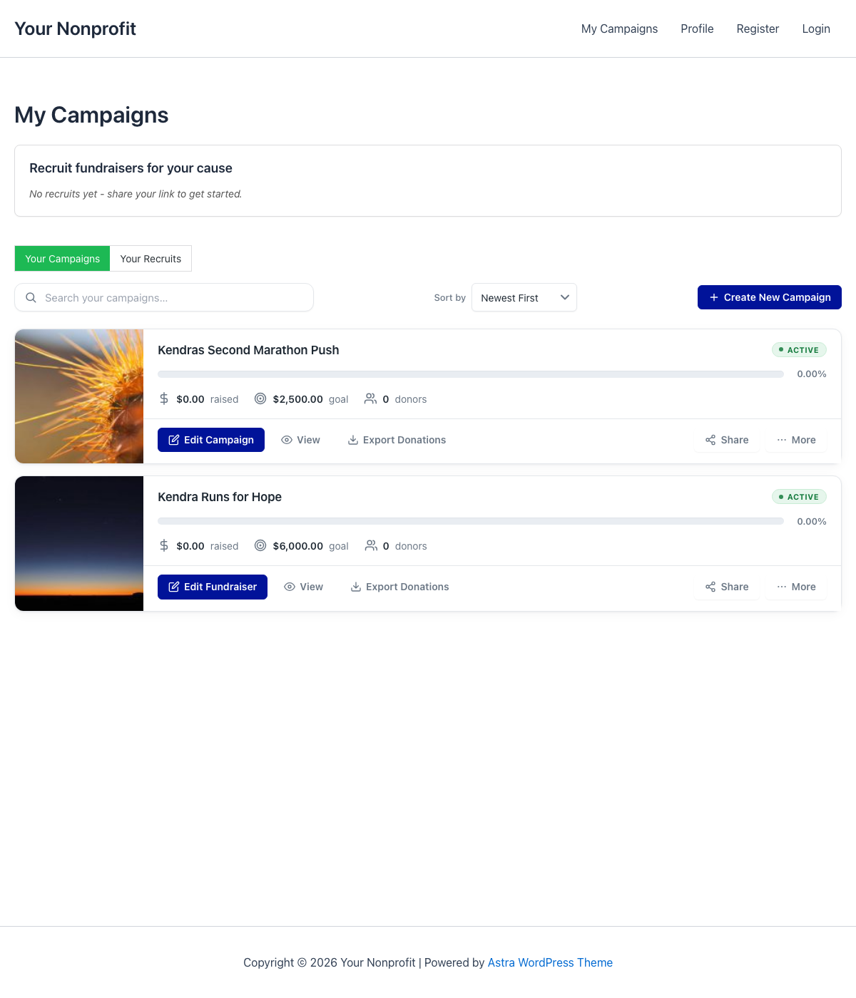 The My Campaigns page from an ambassadors perspective showing their fundraisers with progress bars and | Charitable The My Campaigns page from an ambassador's perspective, showing their fundraisers with progress bars and action buttons