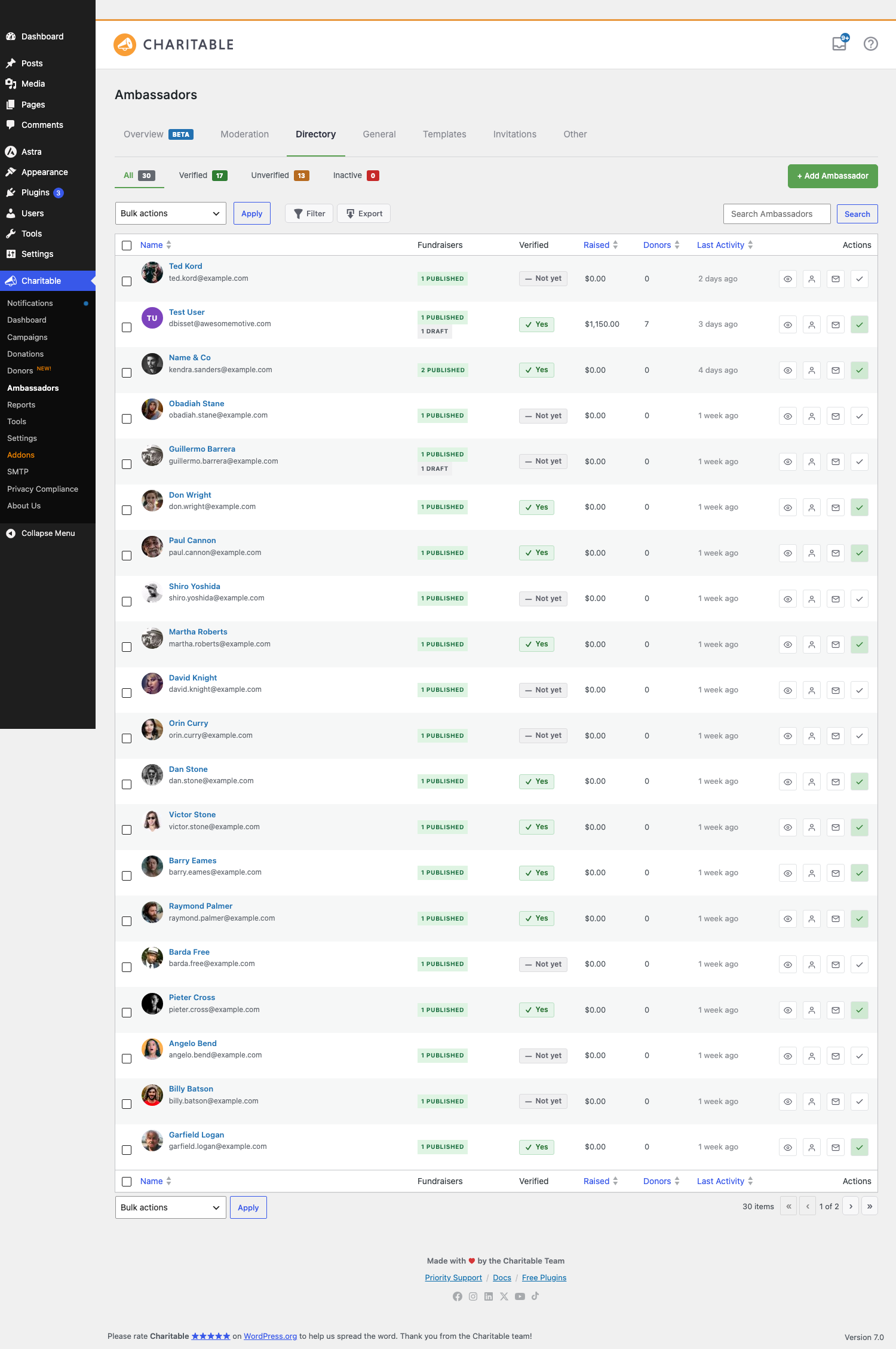 The Directory list table showing ambassadors with name fundraiser count verified status raised donors | Charitable The Directory list table, showing ambassadors with name, fundraiser count, verified status, raised, donors, and last activity columns
