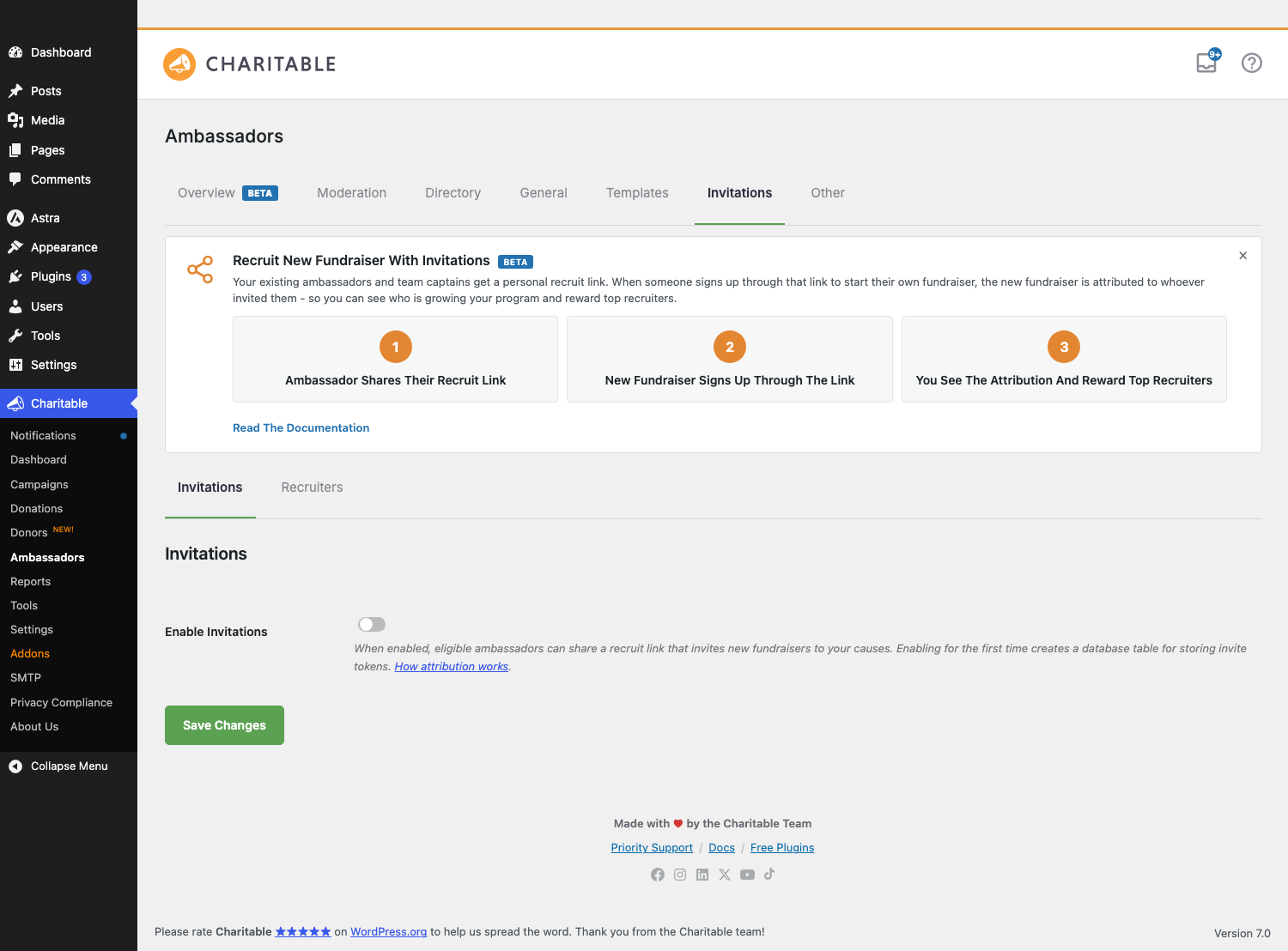 The Invitations admin tab showing the enable toggle and configuration settings | Charitable The Invitations admin tab, showing the enable toggle and configuration settings