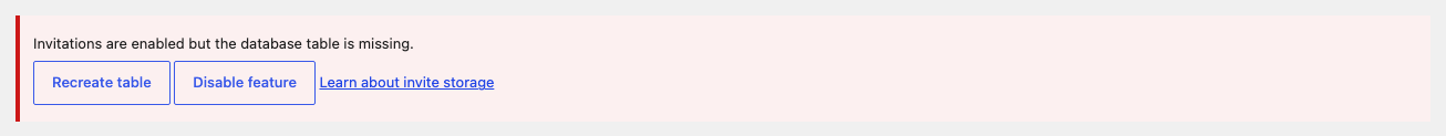 A self-check banner indicating that Invitations are enabled but the database table is missing with a Recreate | Charitable A self-check banner indicating that Invitations are enabled but the database table is missing, with a Recreate Table button