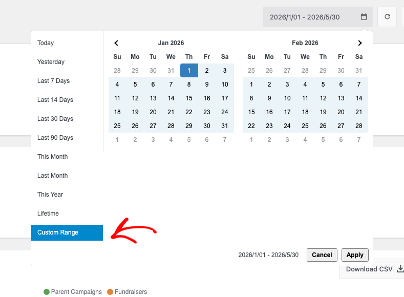 The Overview date range picker, showing the calendar and the sidebar preset list | Charitable The Overview date range picker, showing the calendar and the sidebar preset list
