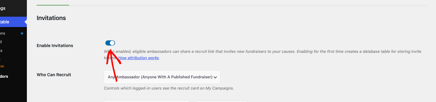 The Enable Invitations toggle in the on position | Charitable The Enable Invitations toggle in the on position