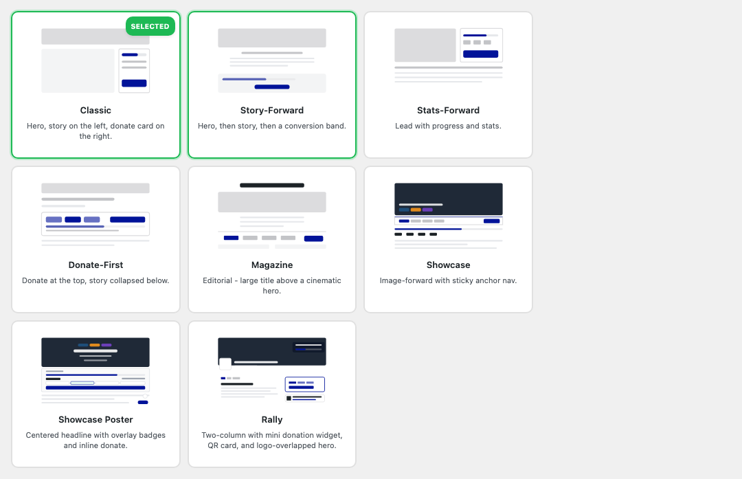 The layout chooser showing eight layout cards plus an optional Custom card