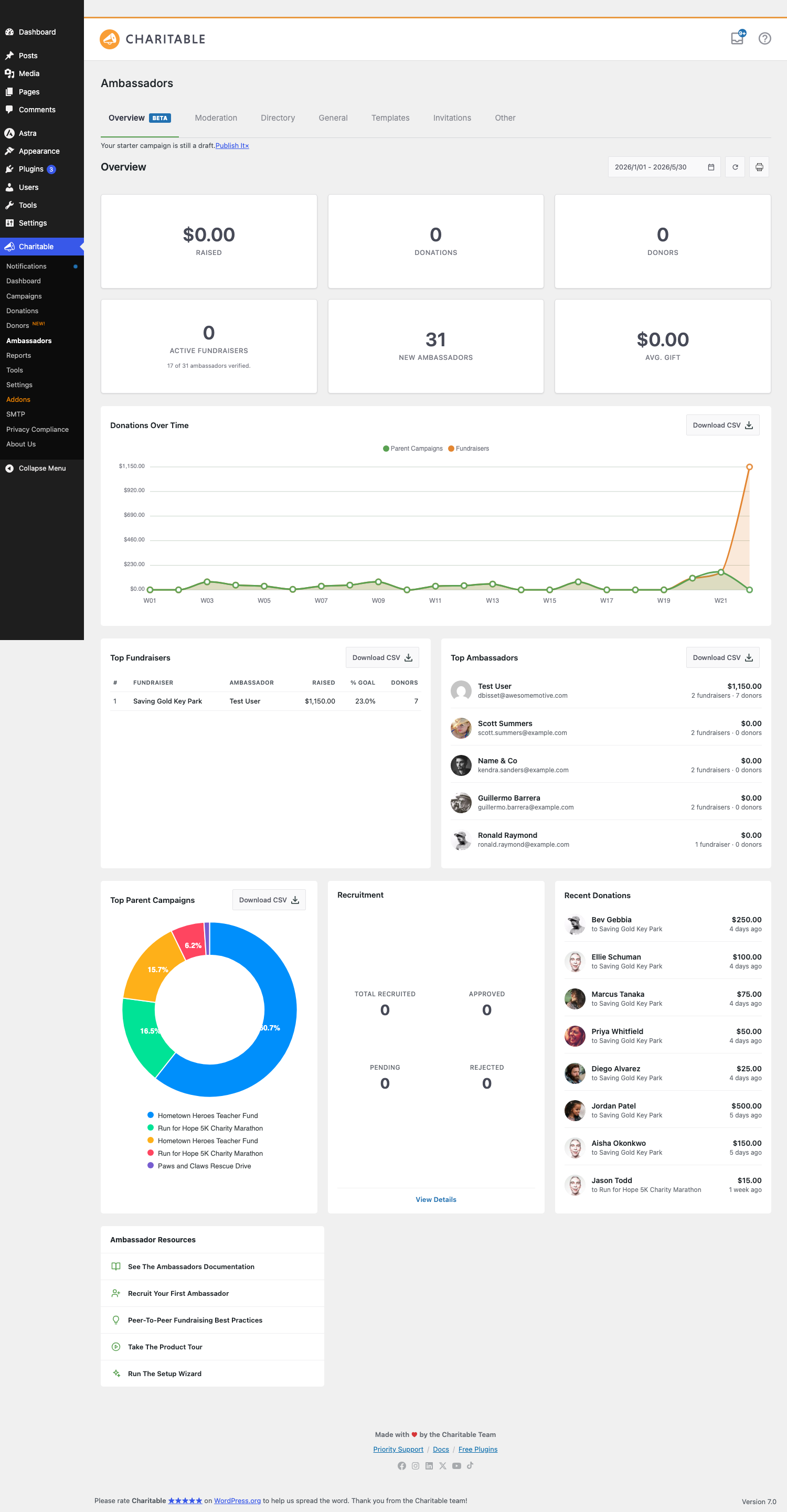 The My Campaigns settings sub-tab with the live preview pane on the right | Charitable The My Campaigns settings sub-tab with the live preview pane on the right