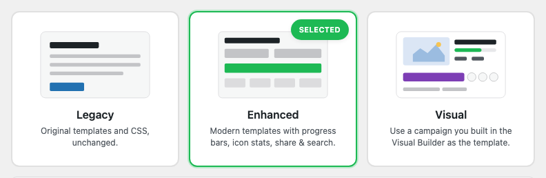 Un primer plano del selector de estilo de plantilla de frontend con tres tarjetas etiquetadas como Legado Mejorado y Visual | Charitable Un primer plano del selector de estilo de plantilla de frontend con tres tarjetas etiquetadas como Legado, Mejorado y Visual