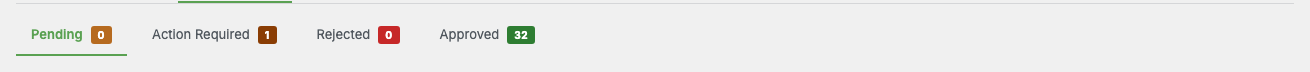 The Pending / Action Required / Rejected / Approved sub-nav at the top of the Moderation tab