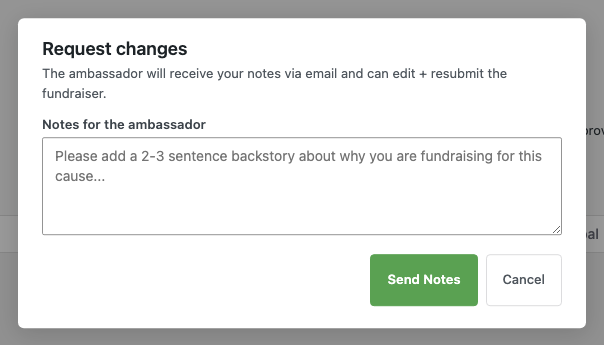 The Request Changes modal asking for guidance text, with the campaign title shown for confirmation