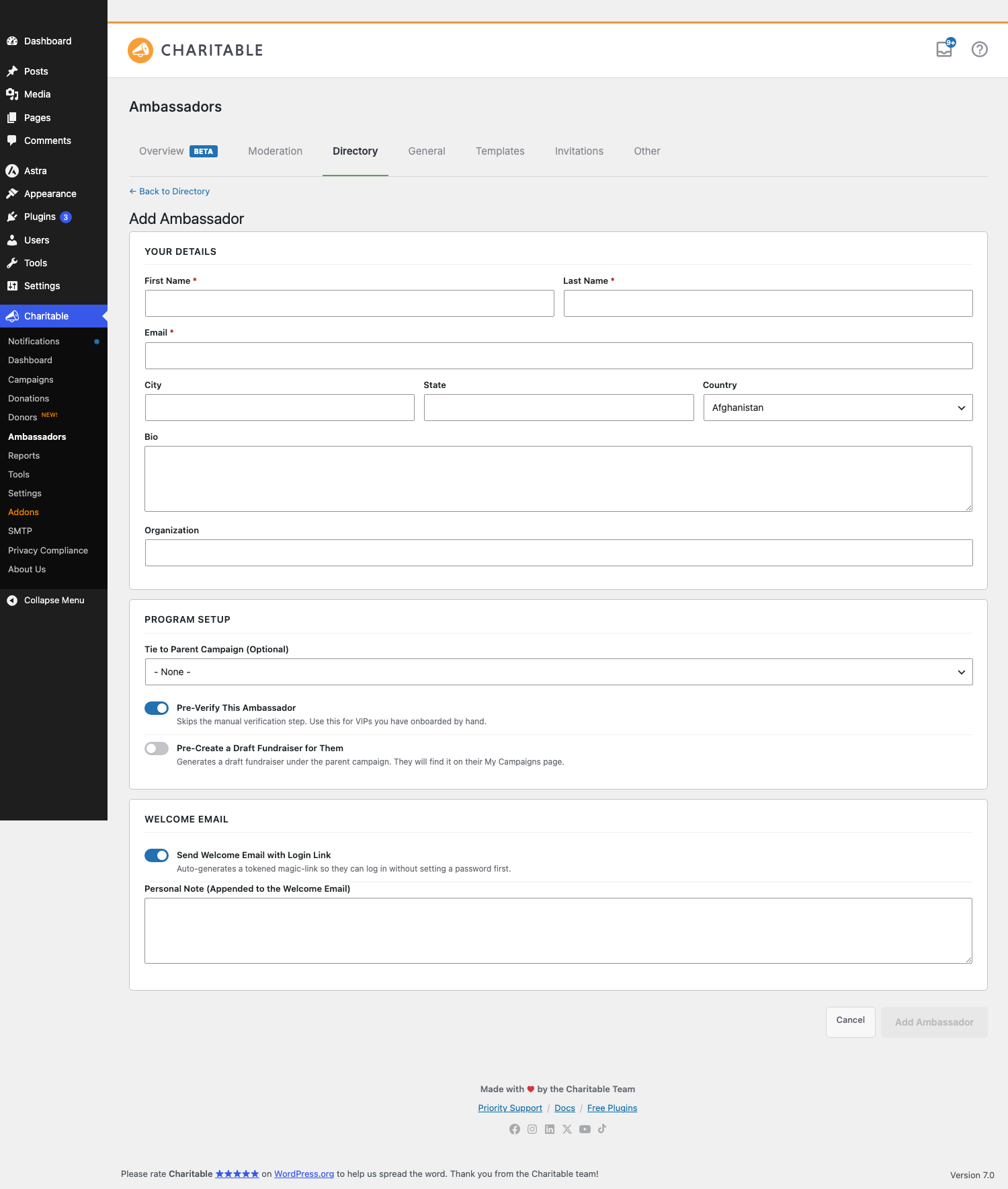 The Add Ambassador form showing firstlast name email and the option to send the welcome email immediately | Charitable The Add Ambassador form showing first/last name, email, and the option to send the welcome email immediately
