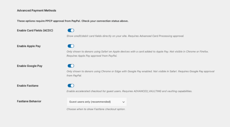Advanced payment methods in paypal settings