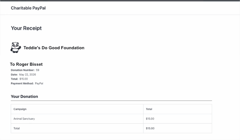Charitable PayPal receipt