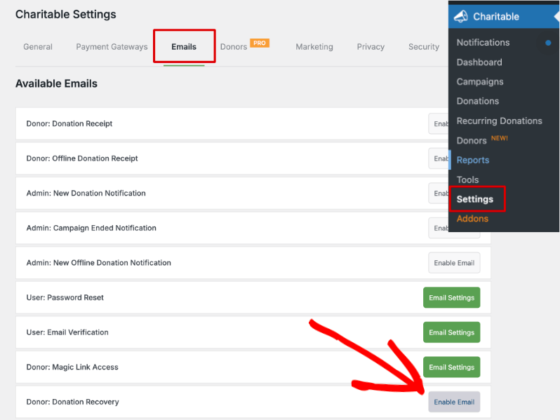 Charitable settings enable donation recovery email | Charitable Charitable settings enable donation recovery email
