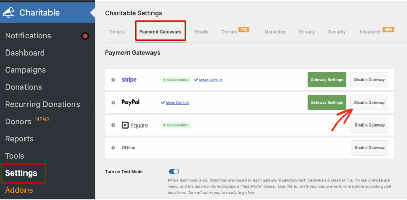 Disable PayPal gateway