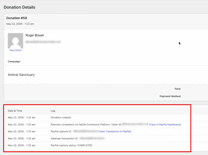 Donation record with PayPal details