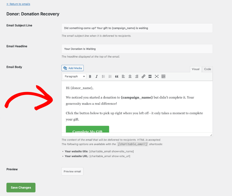 Donation recovery email | Charitable Donation recovery email