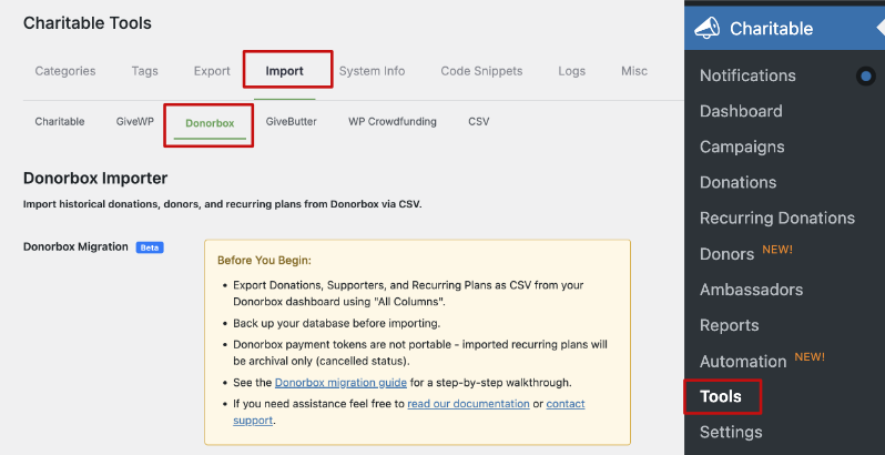 Donorbox import page | Charitable Donorbox import page