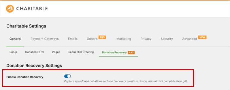 Enable donation recovery setting | Charitable Enable donation recovery setting