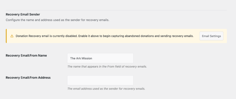 Enable recovery email sender | Charitable Enable recovery email sender