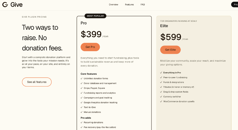 Plans tarifaires Give, Pro à 9 $ par an et Elite à 9 $ par an