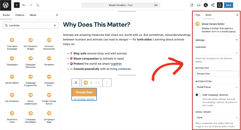 modal donate button block settings | Charitable modal donate button block settings