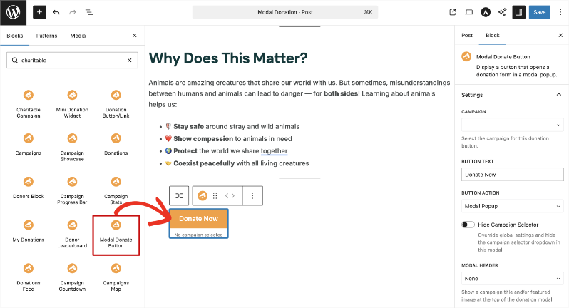 modal donate button block | Charitable modal donate button block