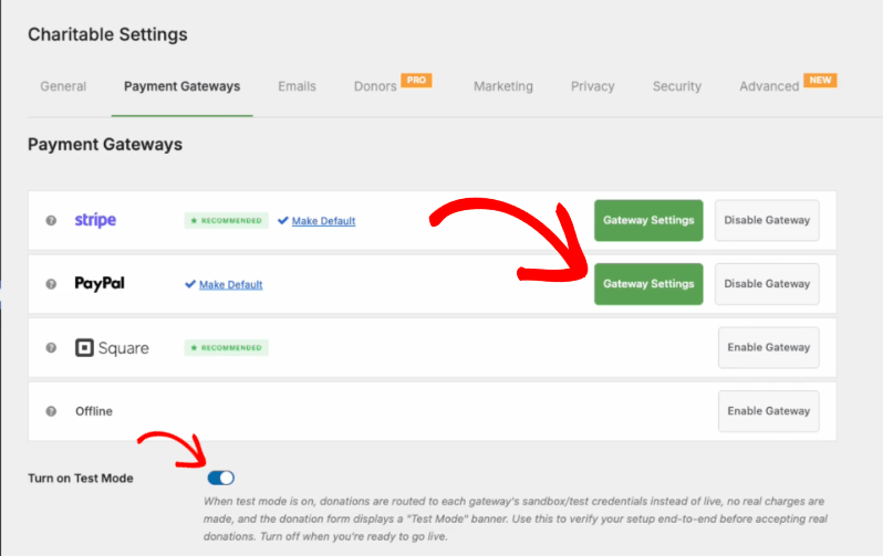 PayPal gateway settings button