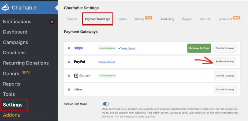 Paypal gateway settings page