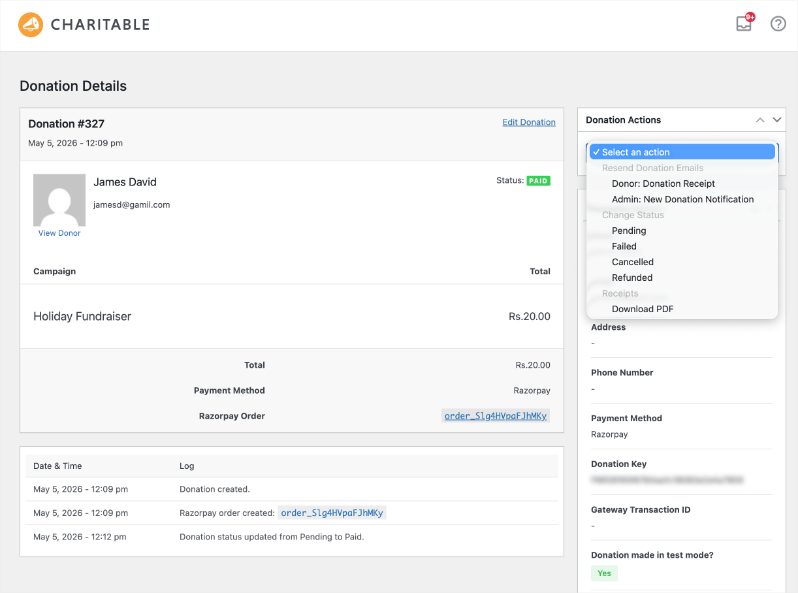 Razorpay donation record view | Charitable Razorpay donation record view