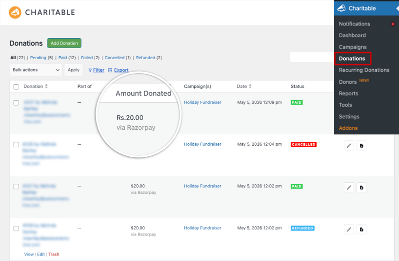 Razorpay donation records | Charitable Razorpay donation records